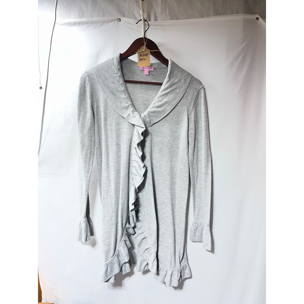Lilly Pulitzer Womens Gray Ruffle Trim Open Front Knit Cardigan Sweater Small